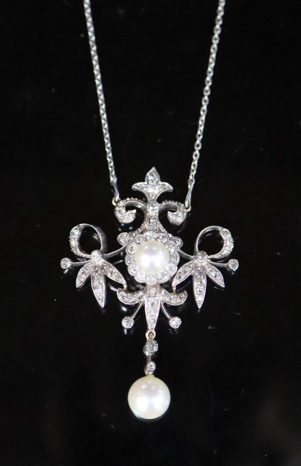 A late Victorian gold, silver, round and rose cut diamond, split pearl and drop pearl set pendant necklace,